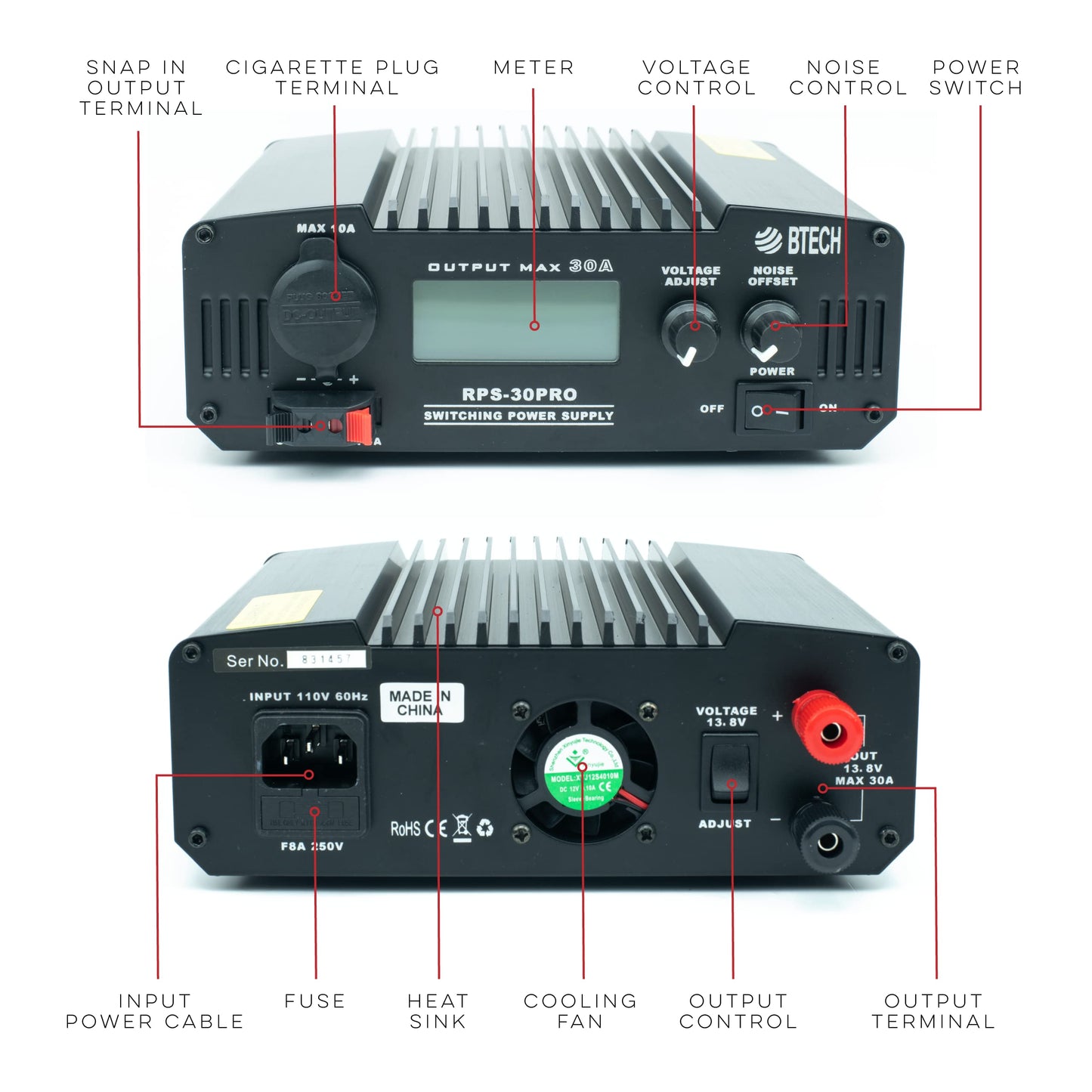 BTECH RPS-30PRO 30 Amp Regulated Universal Compact Bench Power Supply, AC-to-DC Power Convertor, 13.8V (9~15VDC Adjustable) with Noise Offset…