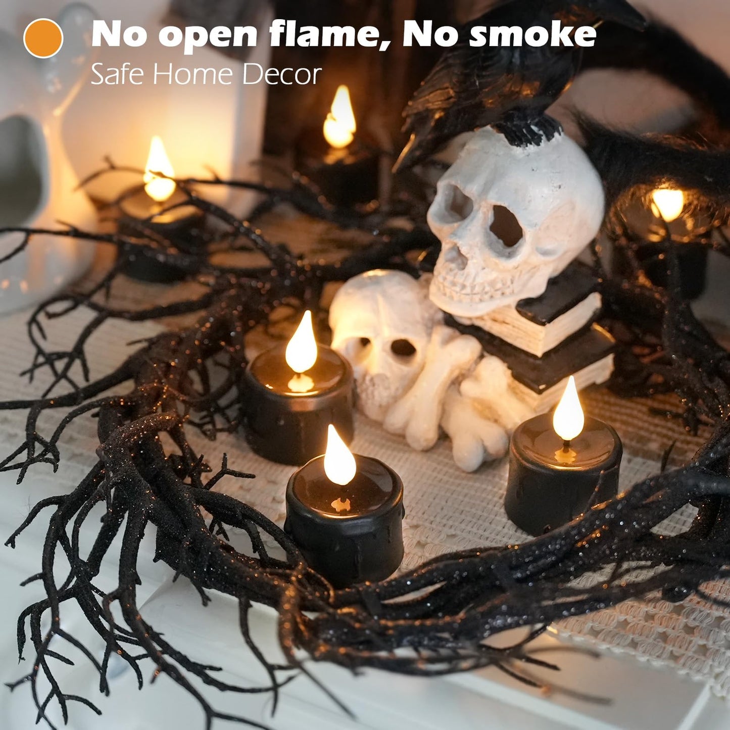 FPOO Halloween Black Tea Light Candles, 12 Packs Rechargeable LED Tea Lights, Small Pumpkins Lights Flameless Fake Candles, Electric Candle Halloween