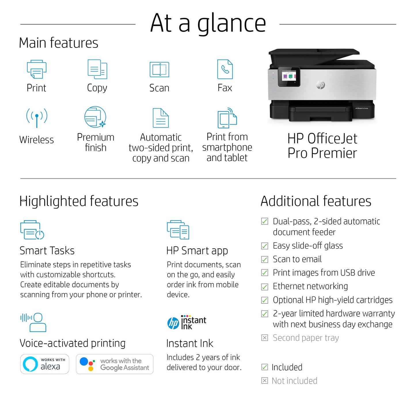 HP OfficeJet Pro Premier All-in-One Wireless Printer - Includes 2 Years of Ink Delivered, Plus Smart Tasks for Smart Office Productivity, Works
