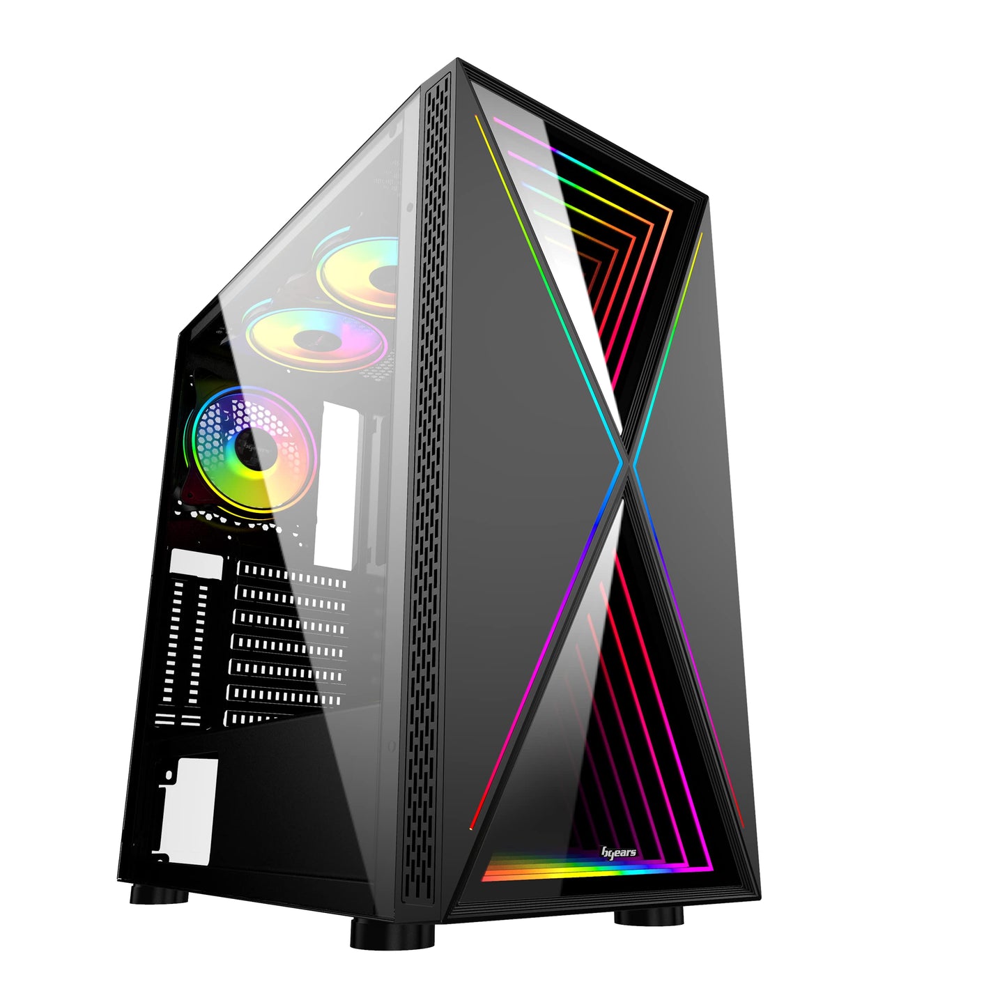 Bgears b-BlackWidow-RGB Black Gaming PC ATX case, Special Ripple Effect Front Panel, Tempered Glass Side. 2 x USB3.0, 3 x PWM 120mm ARGB Fans, Fan
