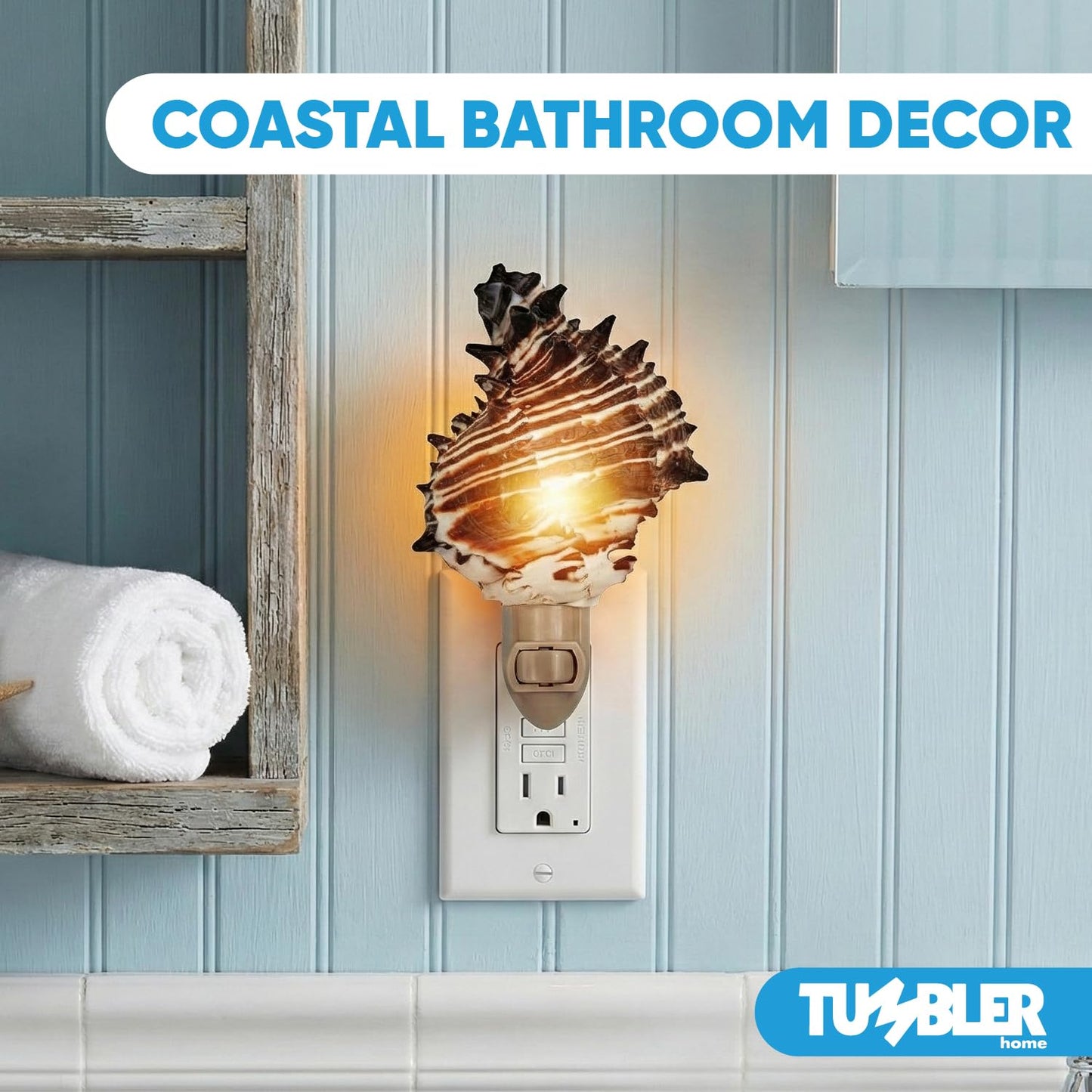 Tumbler Home Shell Night Light, Seashell Nightlight for Bathroom, Unique Coastal Night Light for Nautical, Ocean & Beach Décor