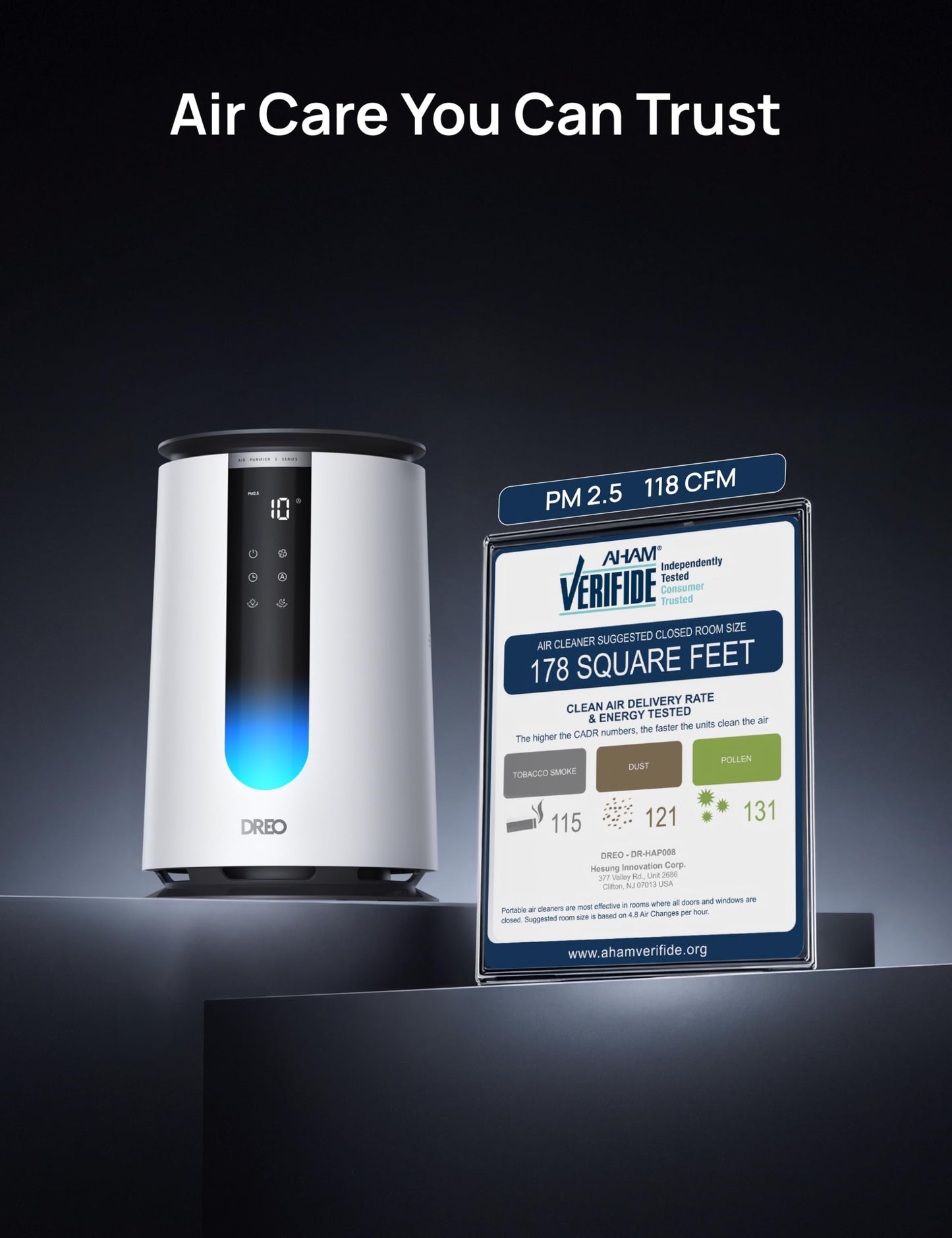 DREO Air Purifier for Home, HEPA Sleep Mode, AHAM VERIFIDE Air Purifiers for Bedroom, Pets, Smoke, Dust, Pollen & Odors, PM2.5 Monitor, Auto & Turbo