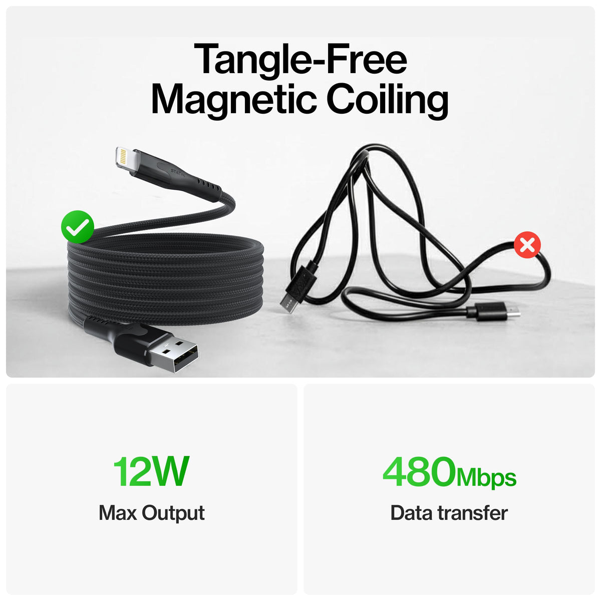 Statik MagStack USB A to Lightning Coiling Magnetic Charging Cable, 12W