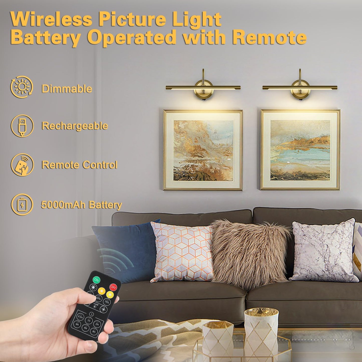 JOOSENLUX Battery Operated Picture Light Gold - Modern Wireless Picture Lights for Wall Dimmable 16.5inch Under Cabinet and Swing Arm for Canvas