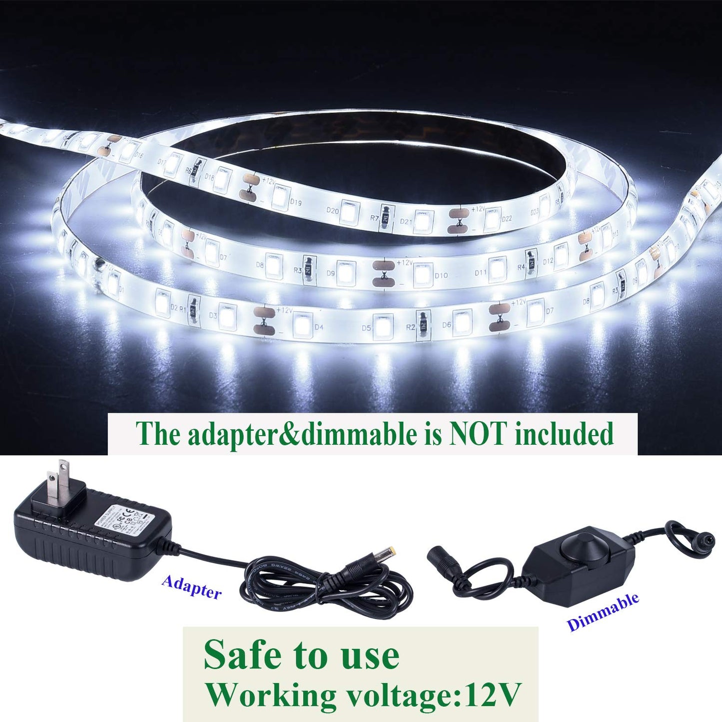 JUNWEN 16.4ft White Led Strip Lights, 12V Waterproof Led Strip Lights Flexible Light Strip Indoor for Bedroom, Kitchen, Bathroom(Not Included Power)