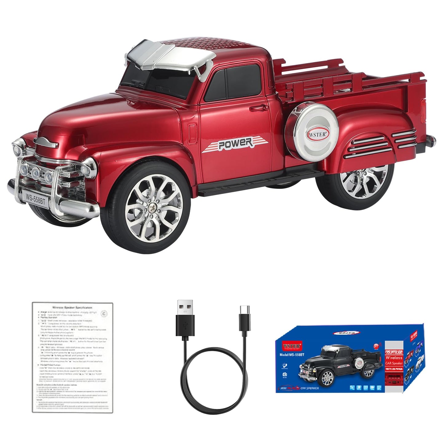 WS-558 Cool Pickup Truck Design Replica Speaker, Portable Wireless Car Model Bluetooth Speaker with HD Sound, TWS, FM Radio, USB/TF Playback, LED