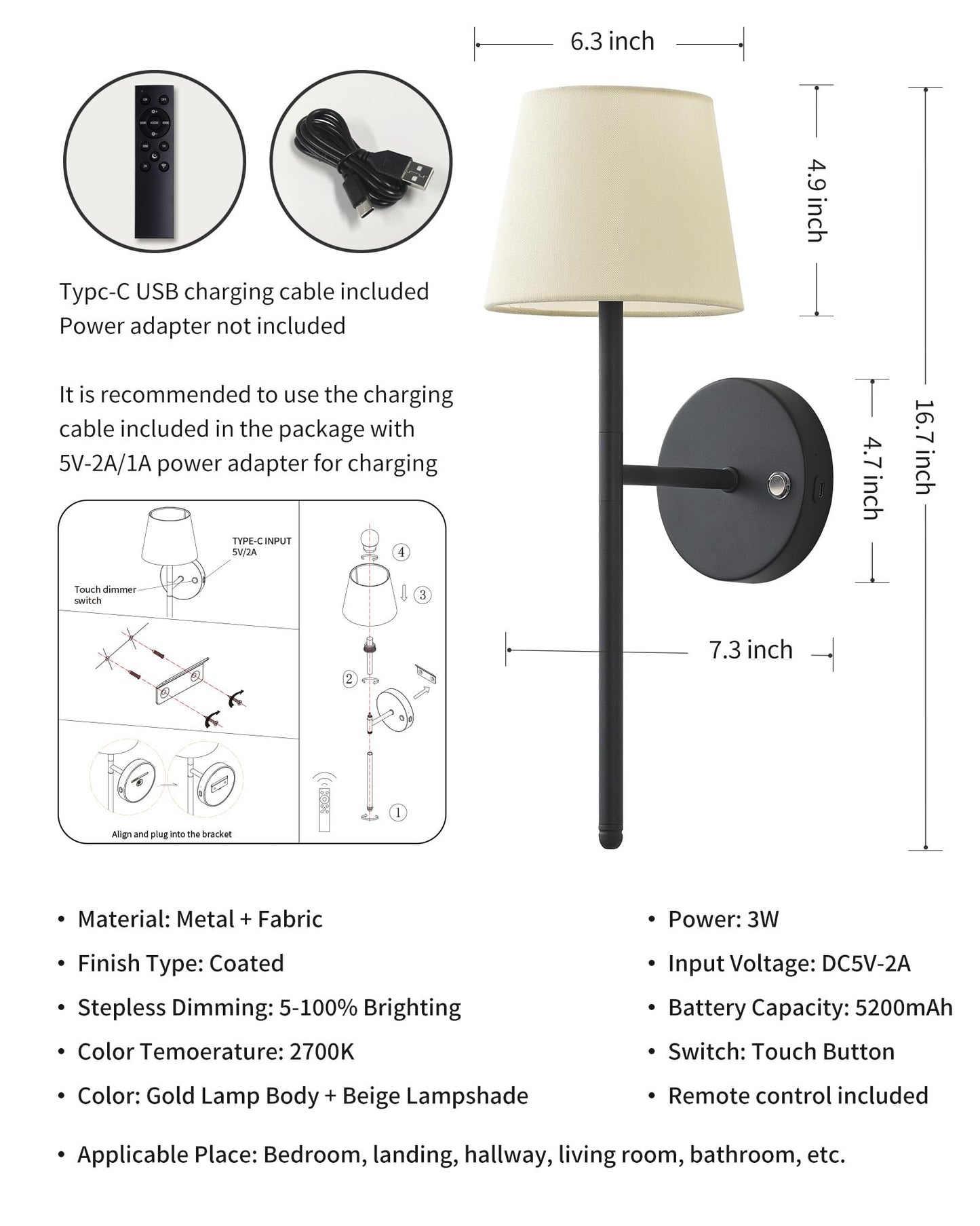 NEWSEE Battery Operated Wall Sconce Set of 2, Small LED Rechargeable Wall Lights with Remote, 5200mAh Dimmable Fabric Shade Cordless Wall Lamp