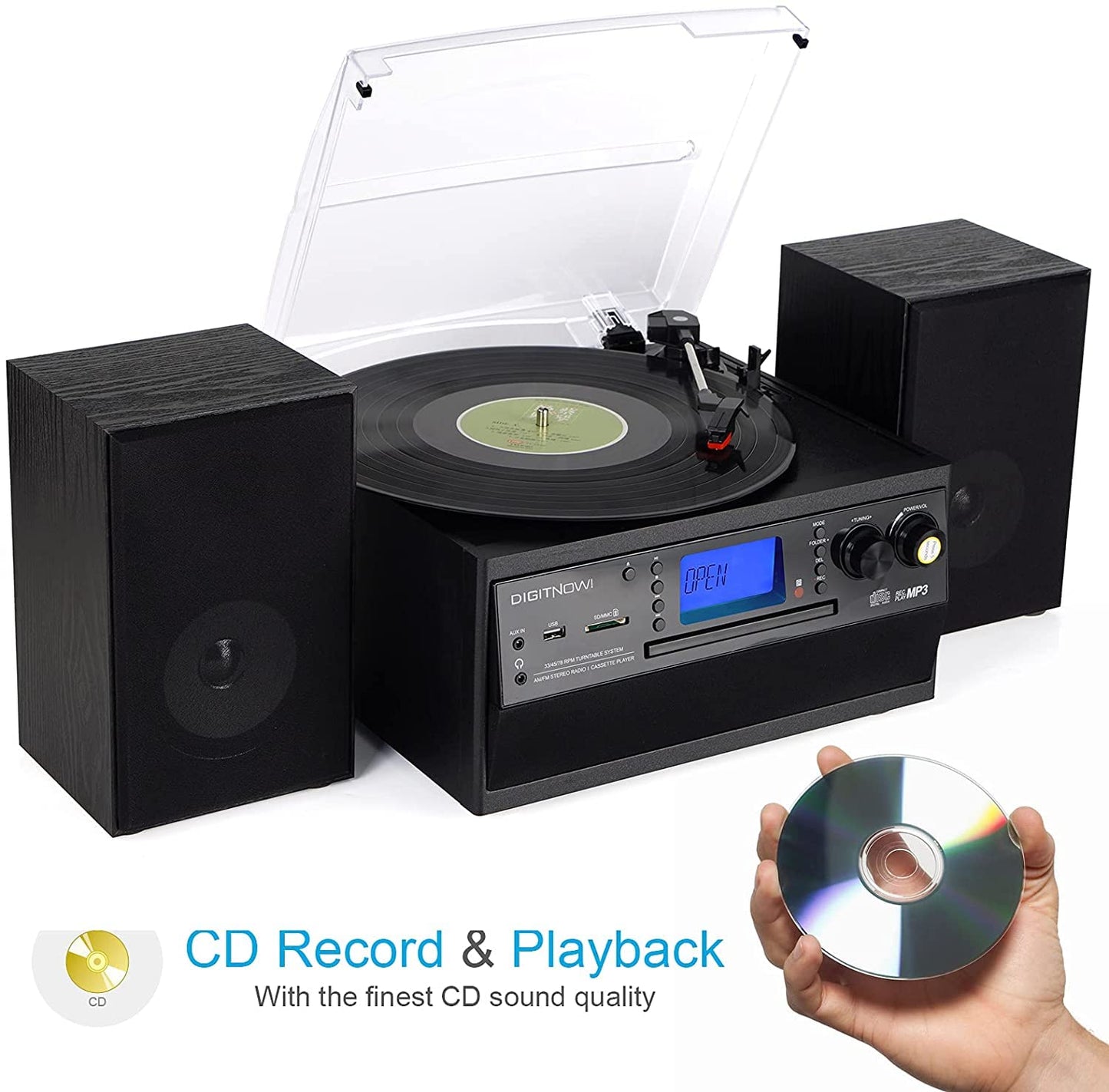 DIGITNOW Bluetooth Record Player Turntable with Stereo Speaker, LP Vinyl to MP3 Converter with CD, Cassette, Radio, Aux in and USB/SD Encoding, Remote