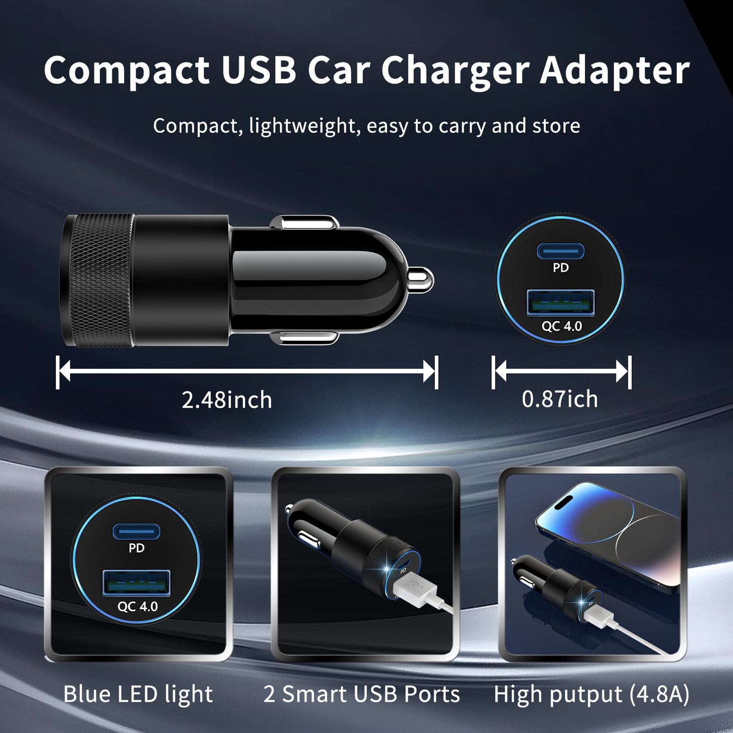 48W USB C Car Charger, Dual Port Fast Car Charger with PD&QC4.0, Ultra-Fast Charging for i Phone 16/15 Pro/Samsung S24, Compatible with Car/Truck/SUV