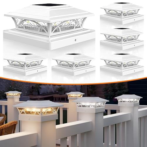 APONUO Solar Post Cap Lights 6 Pack - 4x4 5x5 6x6 Fence Post Lights, Auto On/Off, Waterproof IP64, 2-Mode (Warm/Cool White), Deck Patio Yard Solar