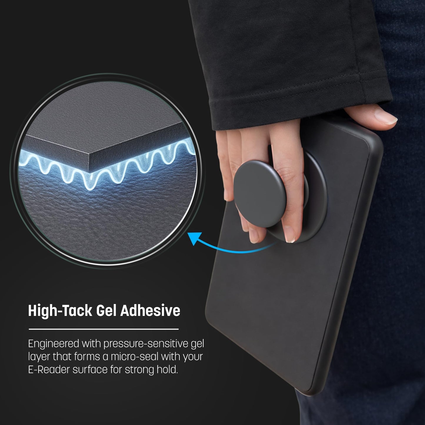 Encased Large Grip Holder for Kindle E-Readers, Tablets and iPads - Case Compatible Adhesive Collapsible Handle (Black)