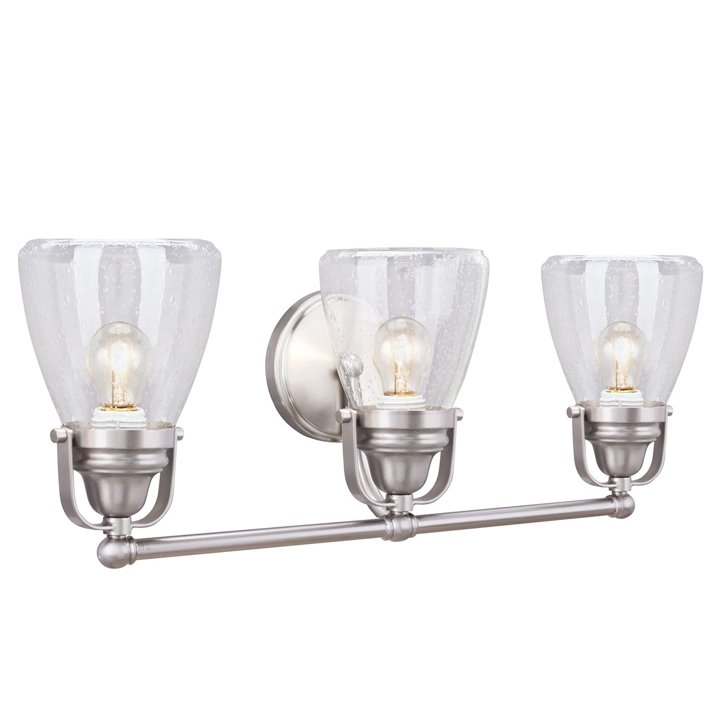 Aspen Creative 62099, Three-Light Metal Bathroom Vanity Wall Light Fixture, 24 1/2" Wide, Transitional Design in Brushed Nickel with Clear Seedy Glass