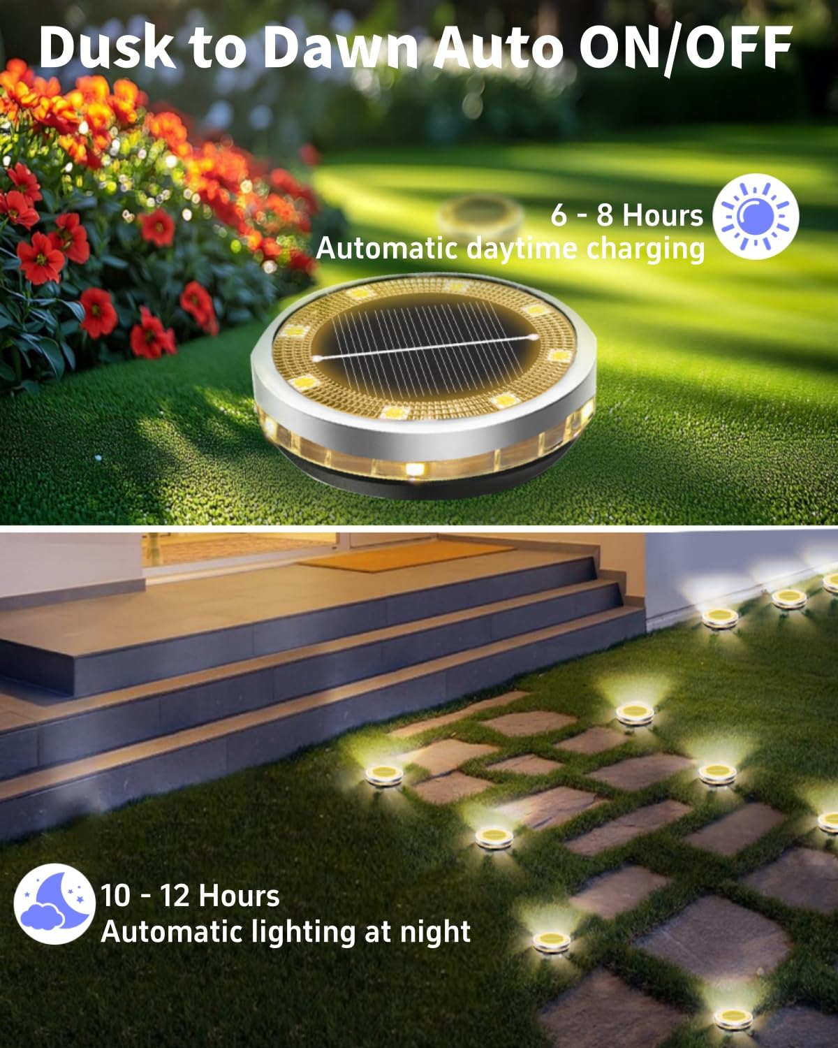 Solar Ground Lights Outdoor 12 Pack Waterproof, Upgraded Solar Garden Lights with 4 Side Light, Stainless Steel Solar Powered Disc Landscape Light