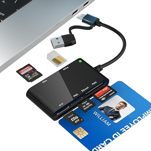 USB C/USB A SIM Card Reader- 7 in 2 CAC Smart Card Reader Military, MS Pro Duo/SD/TF/M2/ID/IC/PIV/Sim Card Adapter, SIM Card Reader for iPhone