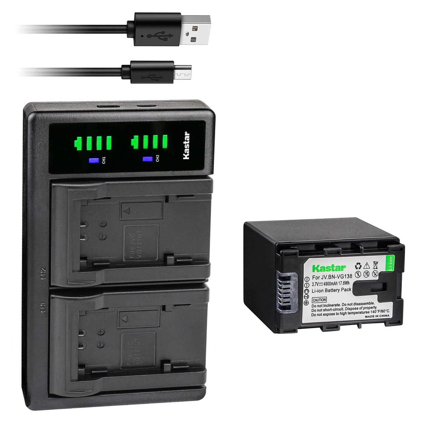 Kastar 1-Pack Battery + LTD2 Dual USB Charger Compatible with JVC BN-VG121EU BN-VG121U BN-VG121US BN-VG121USM BN-VG138AC BN-VG138E BN-VG138EU
