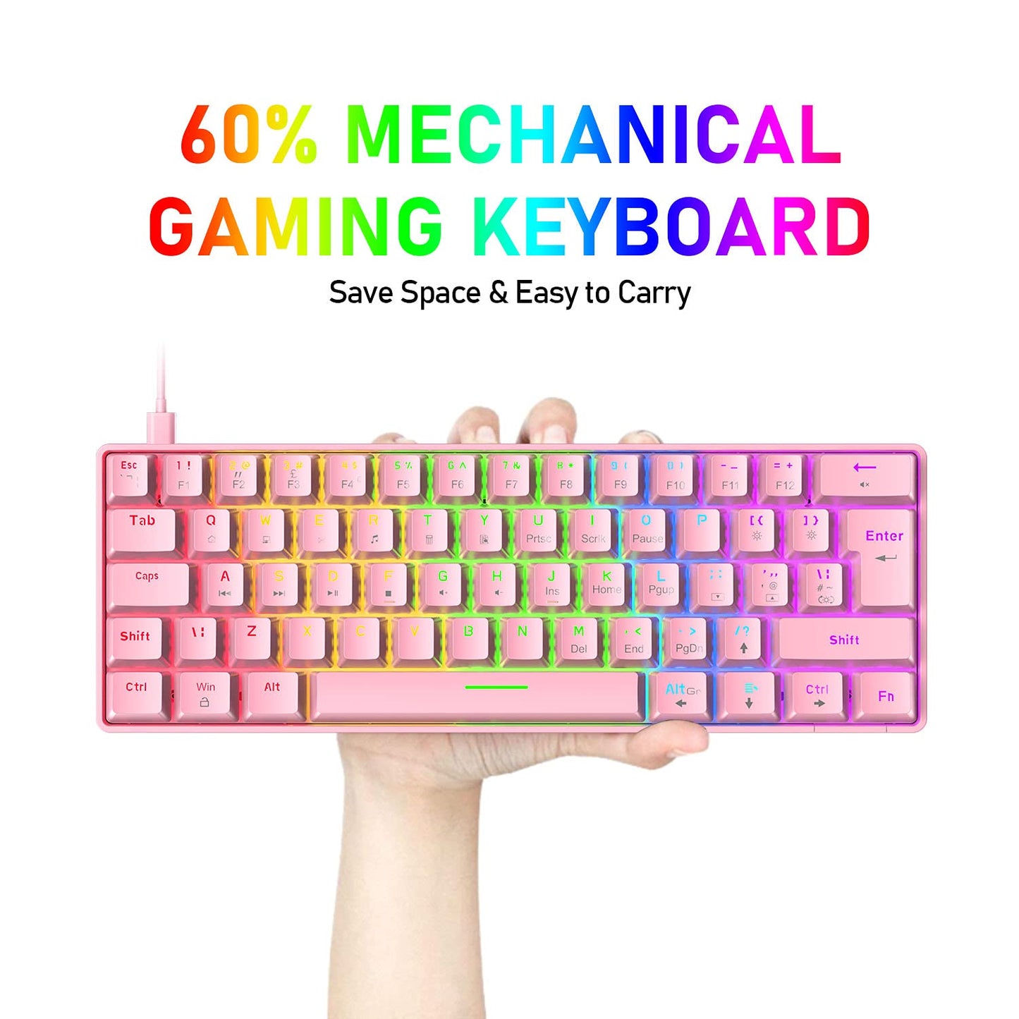 Portable 60% Mechanical Gaming Keyboard, 62-Key Mini Wired Office Keyboard, Blue Switch LED Backlight for Windows Laptop Mac Easy to Travel