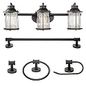 Globe Electric 51549 5-Piece All-in-One Bathroom Set, Oil Rubbed Bronze, 3-Light Vanity Wall Light with Ribbed Seeded Glass Shades, Towel Bar