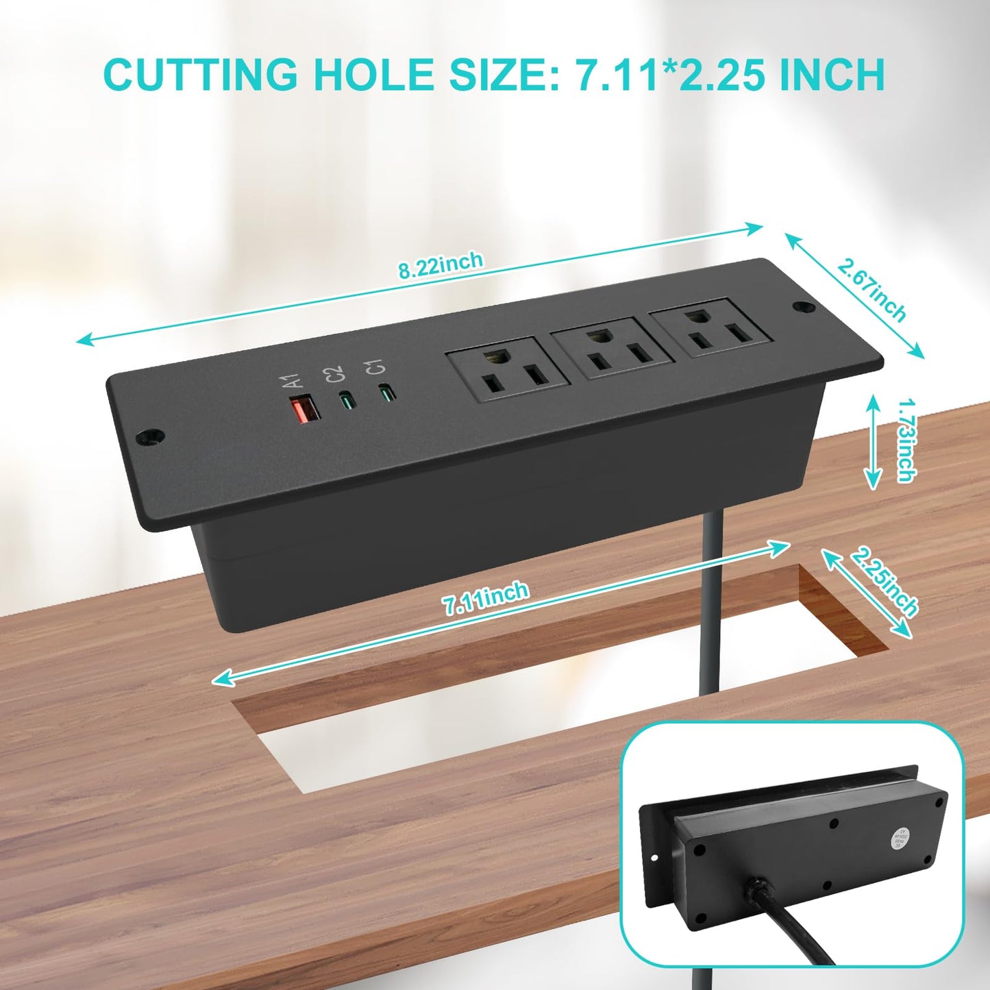 45W Recessed Power Strip USB C, Flush Mount Desk Extender 3 AC Outlets 2 PD USB-C&1 Fast Charge USB-A Ports,Flat Plug Extension Cord for Drawer