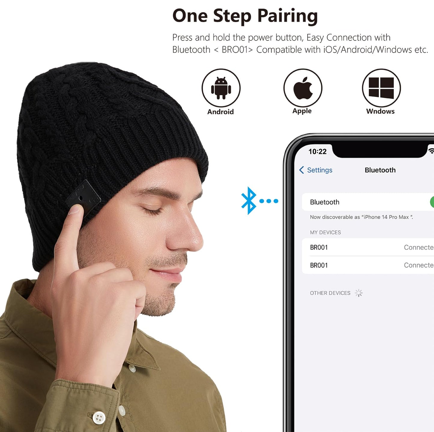 BORAYDA Bluetooth Beanie, Bluetooth 5.2 HD Stereo,30 Hours Play time,Built-in Microphone, Men's/Women's Christmas Electronic Gift (Black)