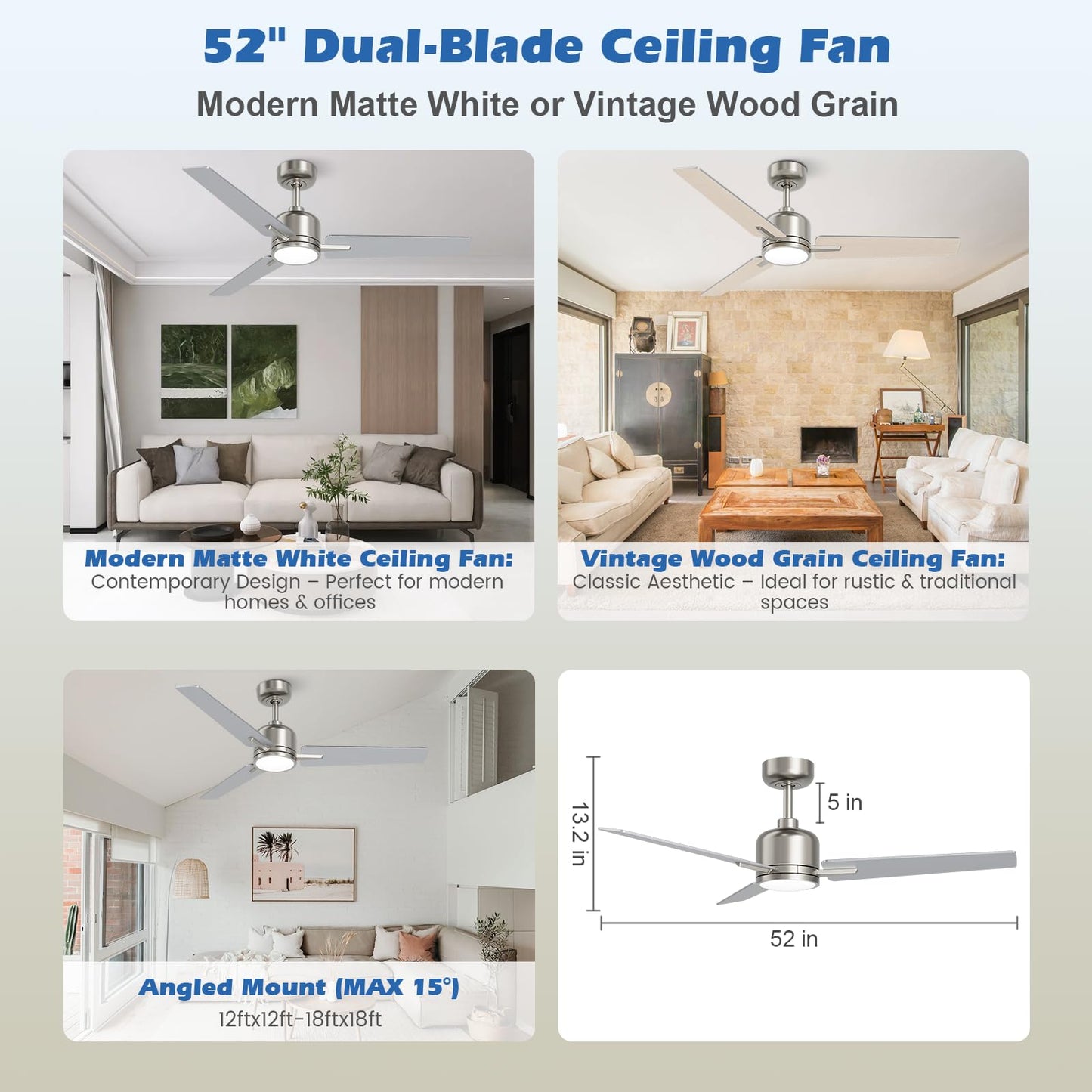 Newday 52 Inch Brushed Nickel Ceiling Fan with Lights and Remote