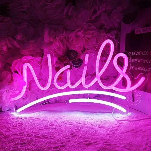 SYLHOME Nails Led Neon Light Sign Pink Business Wall Windows Sign Decor Nails Bar Beauty Salon Girls Bedroom Hanging Light Up Sign USB Birthday Makeup
