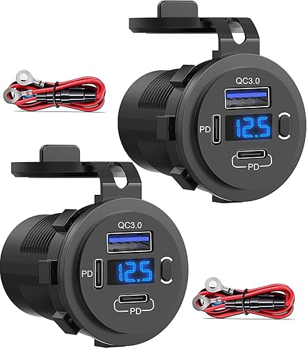 SUTNSCW 12V USB Outlet, Dual USB C Car Charger Socket & Quick Charge 3.0 Port with Voltmeter and Power Switch for Car Boat Marine Truck 2 Pack