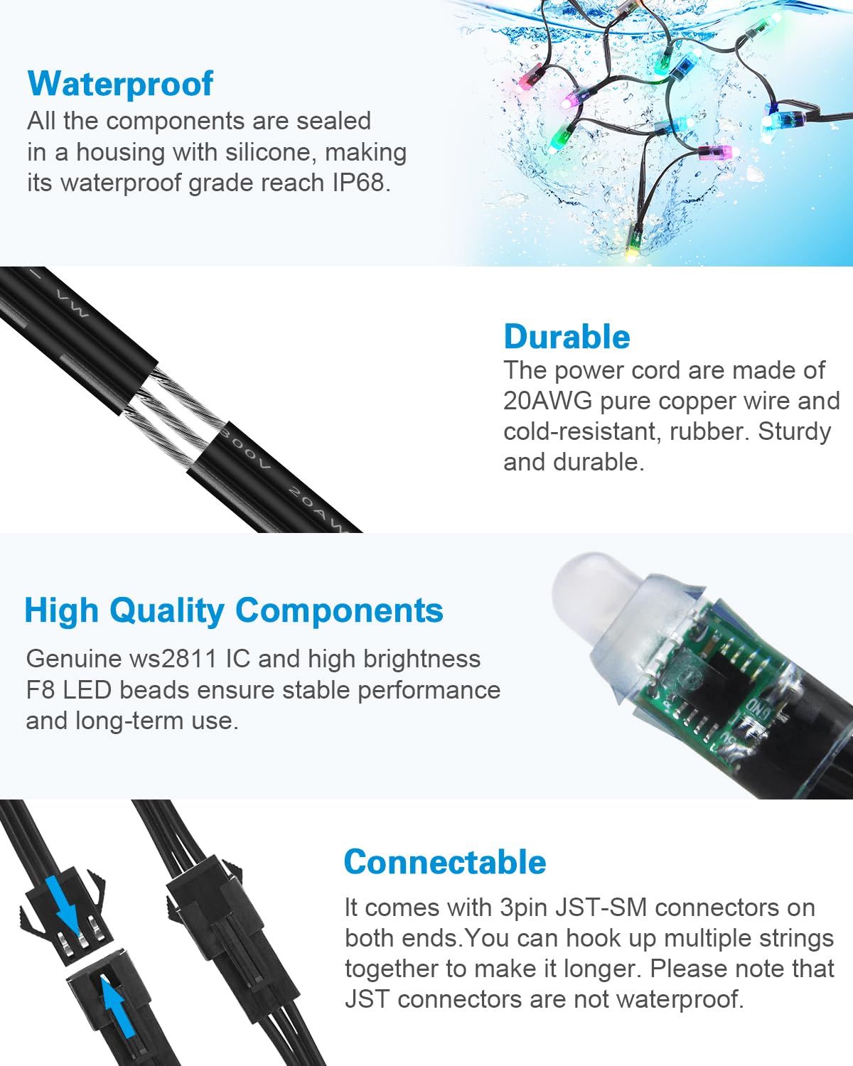 ALITOVE 50pcs DC 12V WS2811 LED Pixel 12mm Round Diffused RGB Addressable Dream Color Round LED Bullet Pixels Module IP68 Waterproof for Billboard