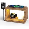 Bamboo Charging Station for Multiple Devices, 15W Fast Wireless Charger Night Light with 3 Color& 4 Adjustable Brightness, Night Stand Charger Station