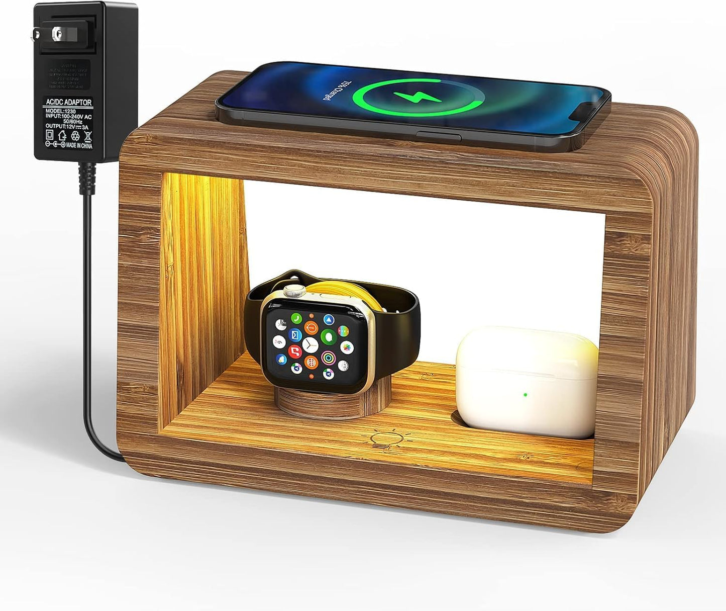 Bamboo Charging Station for Multiple Devices, 15W Fast Wireless Charger Night Light with 3 Color& 4 Adjustable Brightness, Night Stand Charger Station