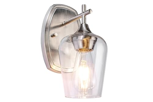 Aspen Creative 62720-09-1, 1 Light Indoor Wall Fixture, 5-1/8" W x 10-1/2" H x 7-1/4" E, Clear Glass w/Satin Nickel Finish, Bulb Not Included