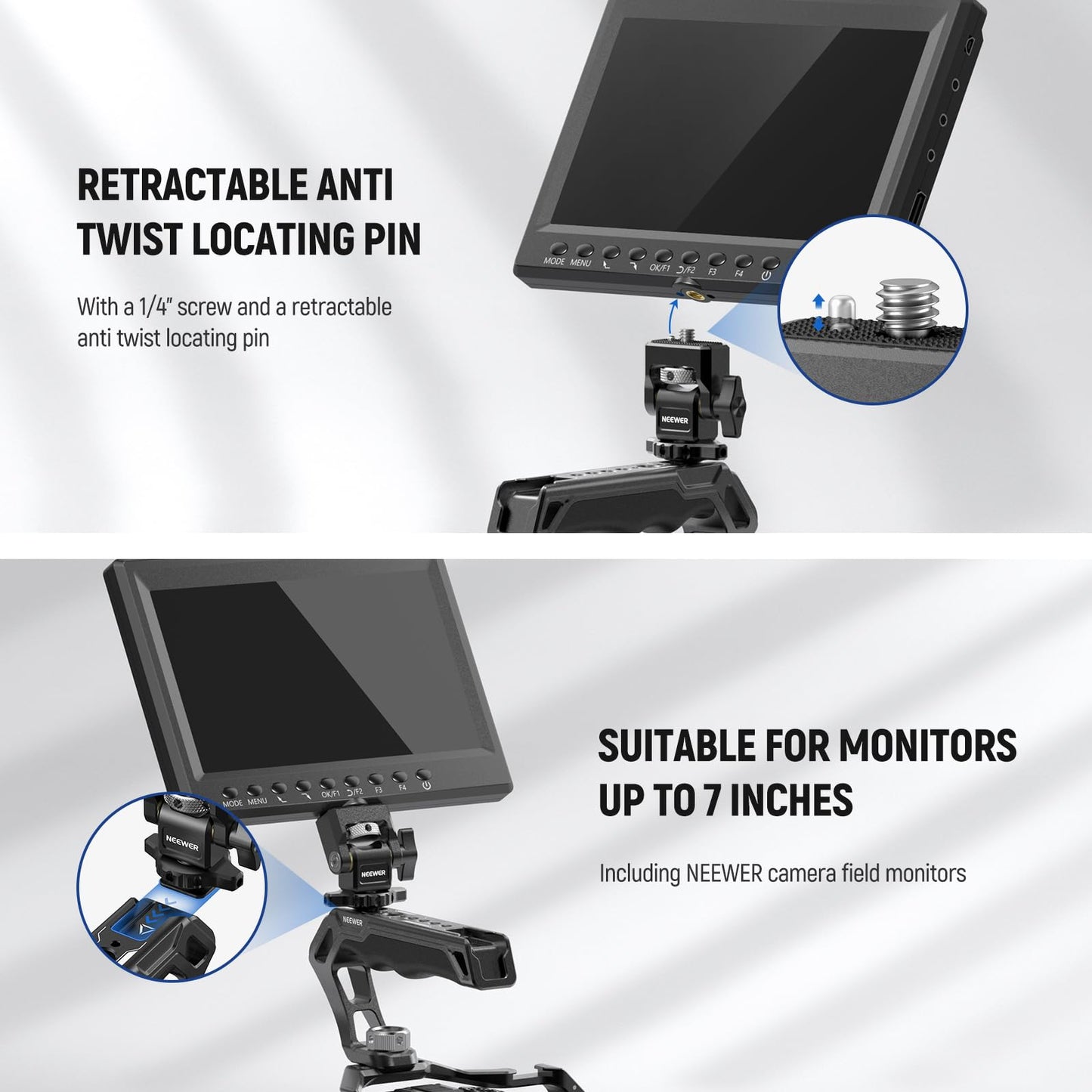 NEEWER CA007 Top Handle + MA006 Monitor Mount Set, Camera Cage Handle with 3/8" ARRI Locating + Cold Shoe Monitor Mount with 180° Tilt Damping for 5"