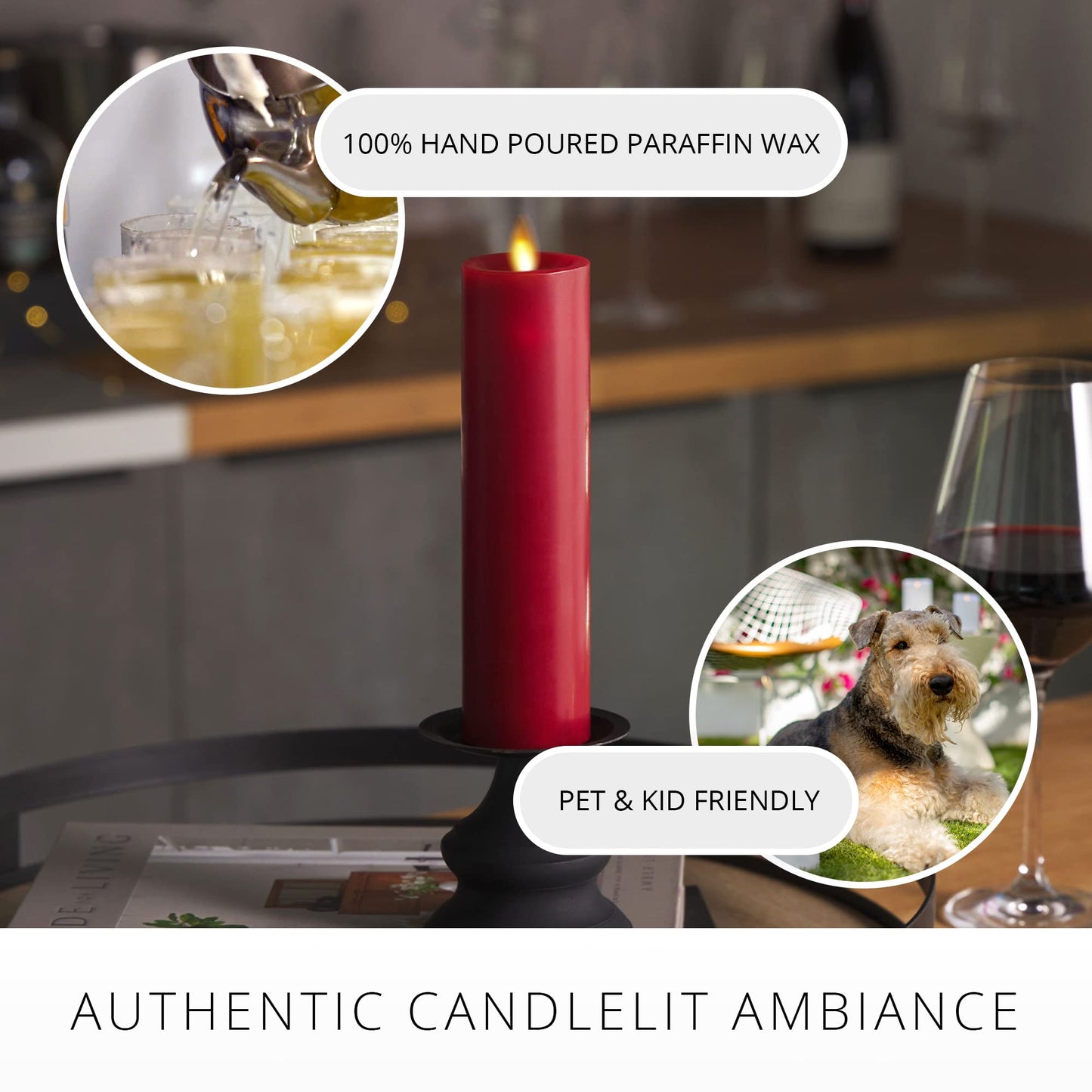 Luminara Classic Slim Flameless LED Candle, Burgundy 2" x 7.9", Battery Operated Moving Flame Pillar w/Timer, Safe Realistic Wax Candle, Home Decor