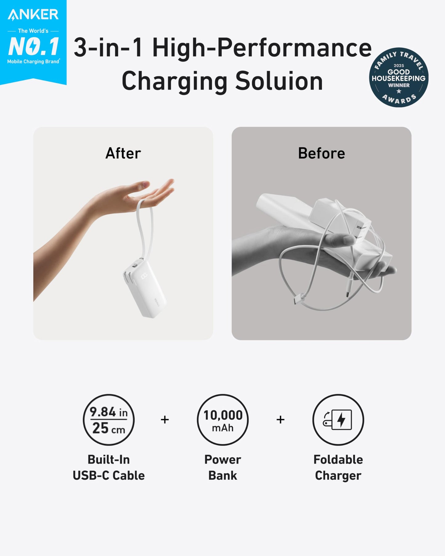 Anker Nano 3-in-1 Portable iPhone Charger, 10,000mAh Power Bank with Built-in USB-C Cable and Foldable Wall Plug, 30W Max Battery Pack, Travel