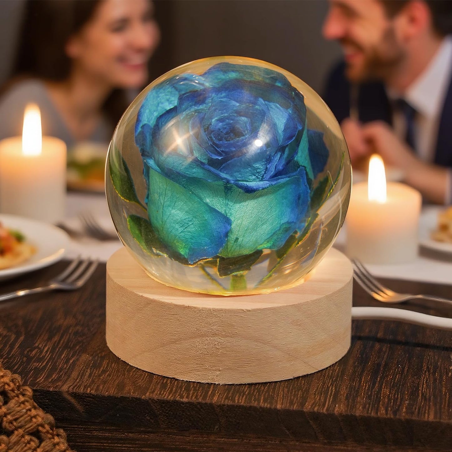 QNCMBUG Blue Rose Crystal Ball Night Light - Real Rose Encased in Glowing Resin Ball, USB-Powered Desk Lamp with Wood Base, Unique Gift