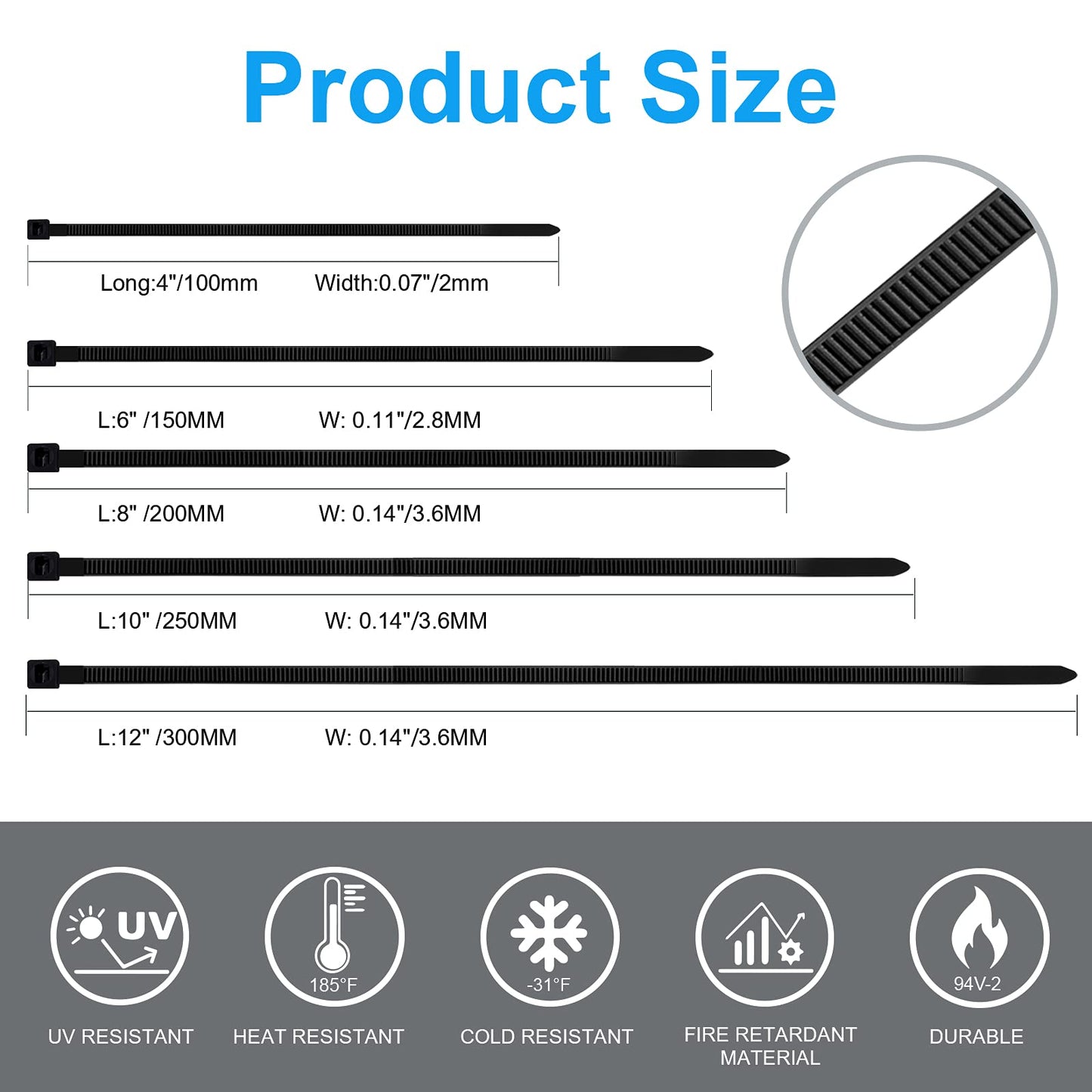 Arme Heavy Duty Zip Ties?2000 QTY/Pack Black Cable Zip Ties, Cable Zip Ties Nylon Self-Locking Black Ties,High-Strength Cable Zips Ties Assorted Sizes