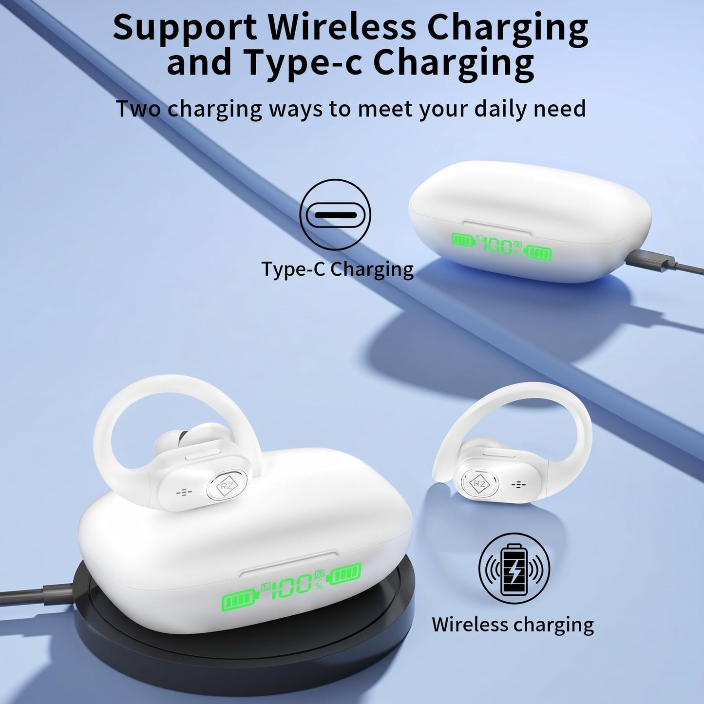 Wireless Earbuds Bluetooth Headphones 96H Playtime LED Display Waterproof Built in Mic Deep Bass Sound Secure Over Ear buds Earhooks for iPhone
