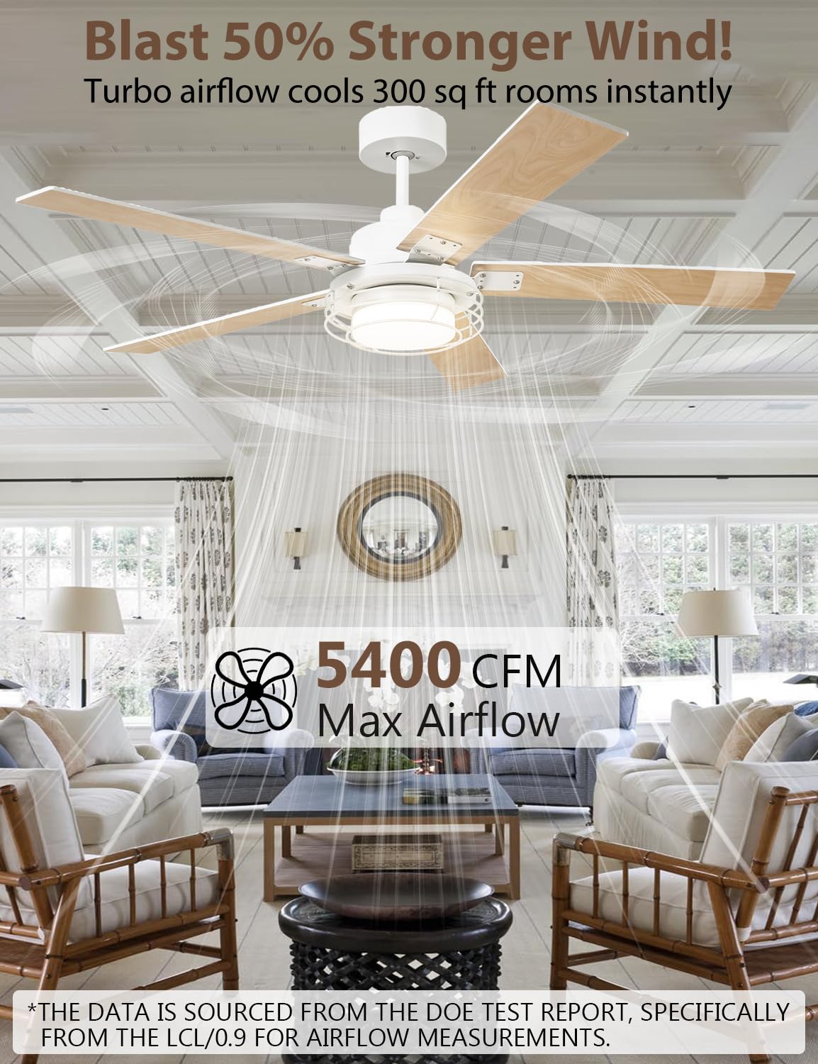 Vaczon 52" White Ceiling Fan with Lights & Remote -Farmhouse Ceiling Fan for Bedroom with High Airflow,Quiet DC Motor 6-Speed Indoor/Outdoor