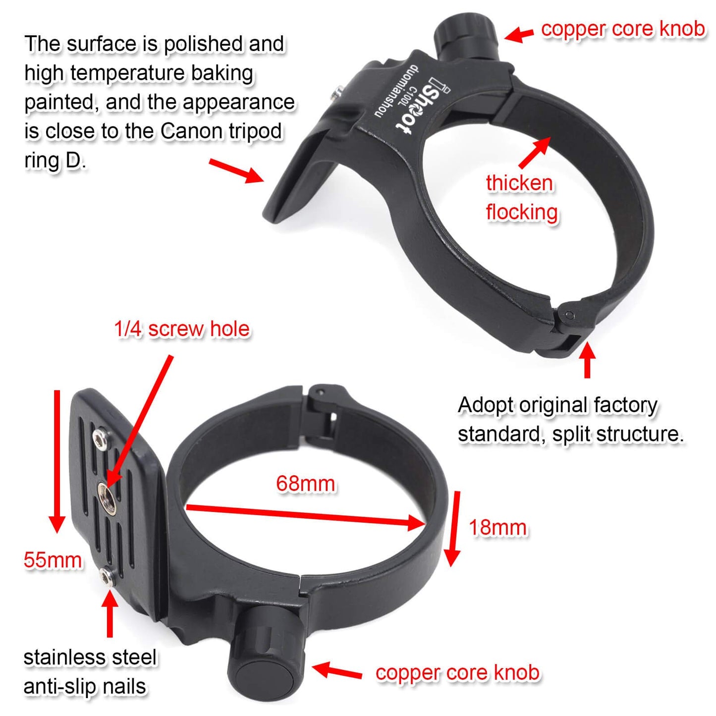 iShoot CNC Machined Diameter 68mm Tripod Mount Ring Lens Collar for Canon EF 100mm f/2.8L Macro IS USM Lens, Built-in 55mm Quick Release Plate