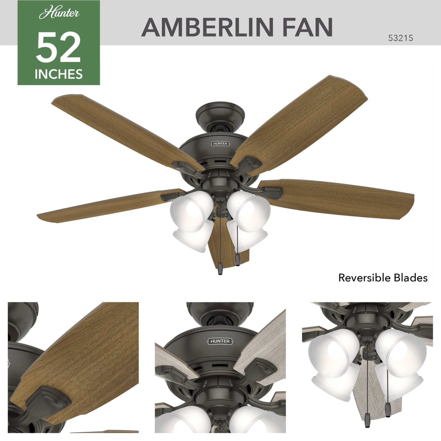 Amberlin Indoor Ceiling Fan with LED Light and Pull Chain Control