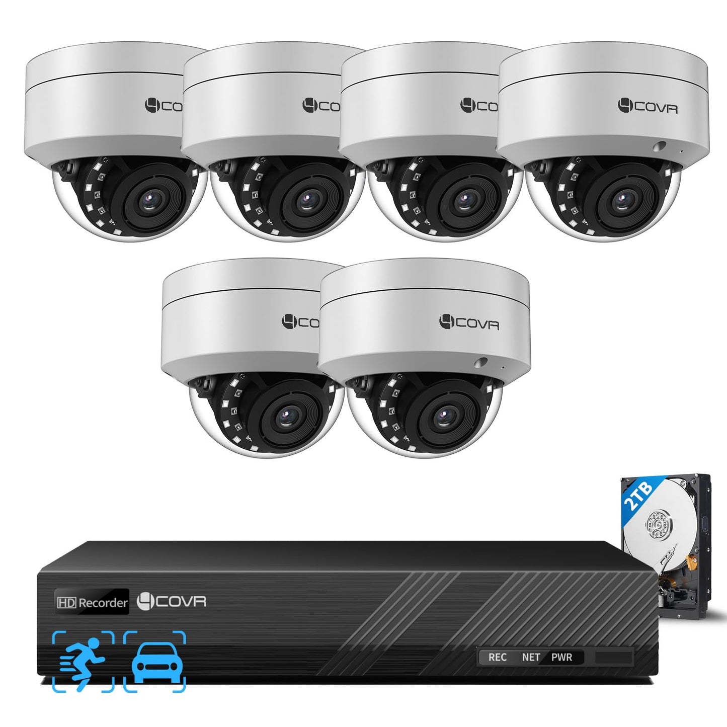 4COVR 4K Security Camera System, 6X 8MP IK10 Vandal-Proof Dome PoE IP Cameras, AI Human/Vehicle Detection, 8CH NVR & 2TB HDD, IP67 Weatherproof, 24/7