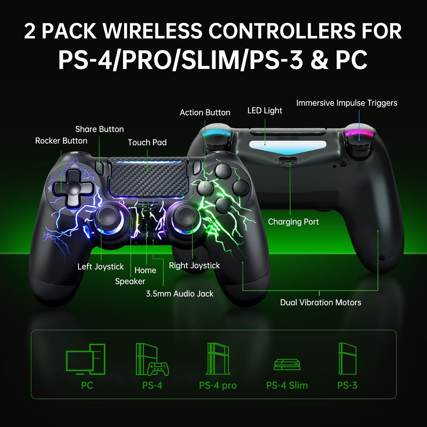 mone Wireless Controller for PS4/PS4 Pro/PS4 Slim & PC - Black Lightning Pattern RGB Illumination, Hall Effect Joystick, Dual Vibration, 6 - Axis