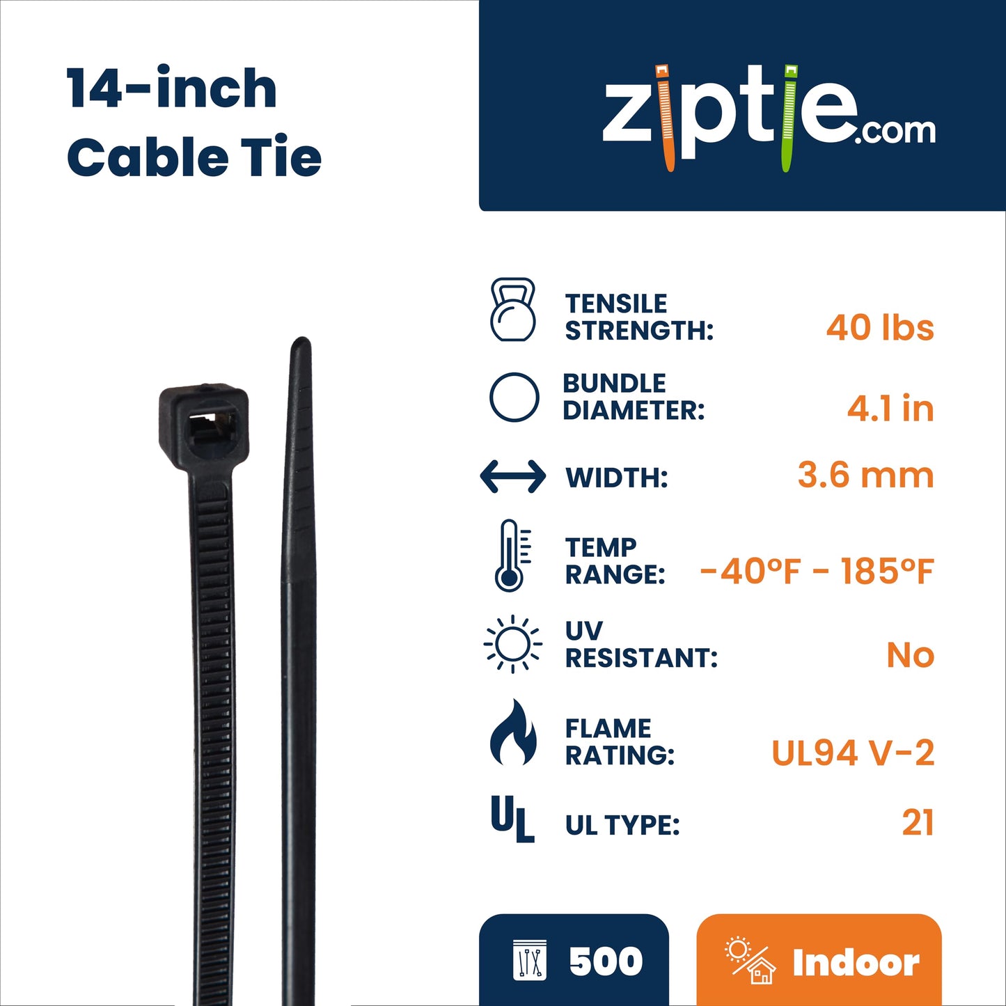 ZipTie.com 14-inch Black Multi-Purpose Zip Tie, 40-lb Tensile Strength, UL 21 Listed, 500-Pack