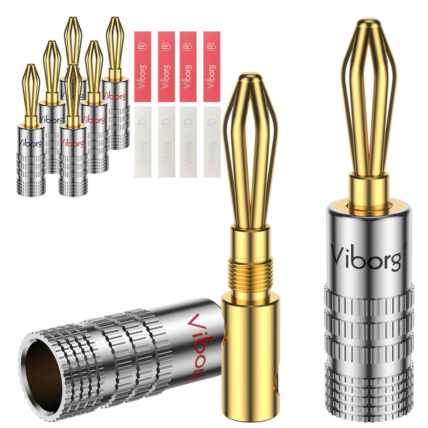 Viborg 8X HiFi Speaker Banana Connectors, 24K Gold-Plated Banana Plug, Dual Screws Locking, Hi-end Audio Speaker Banana Jack Terminals for Speaker