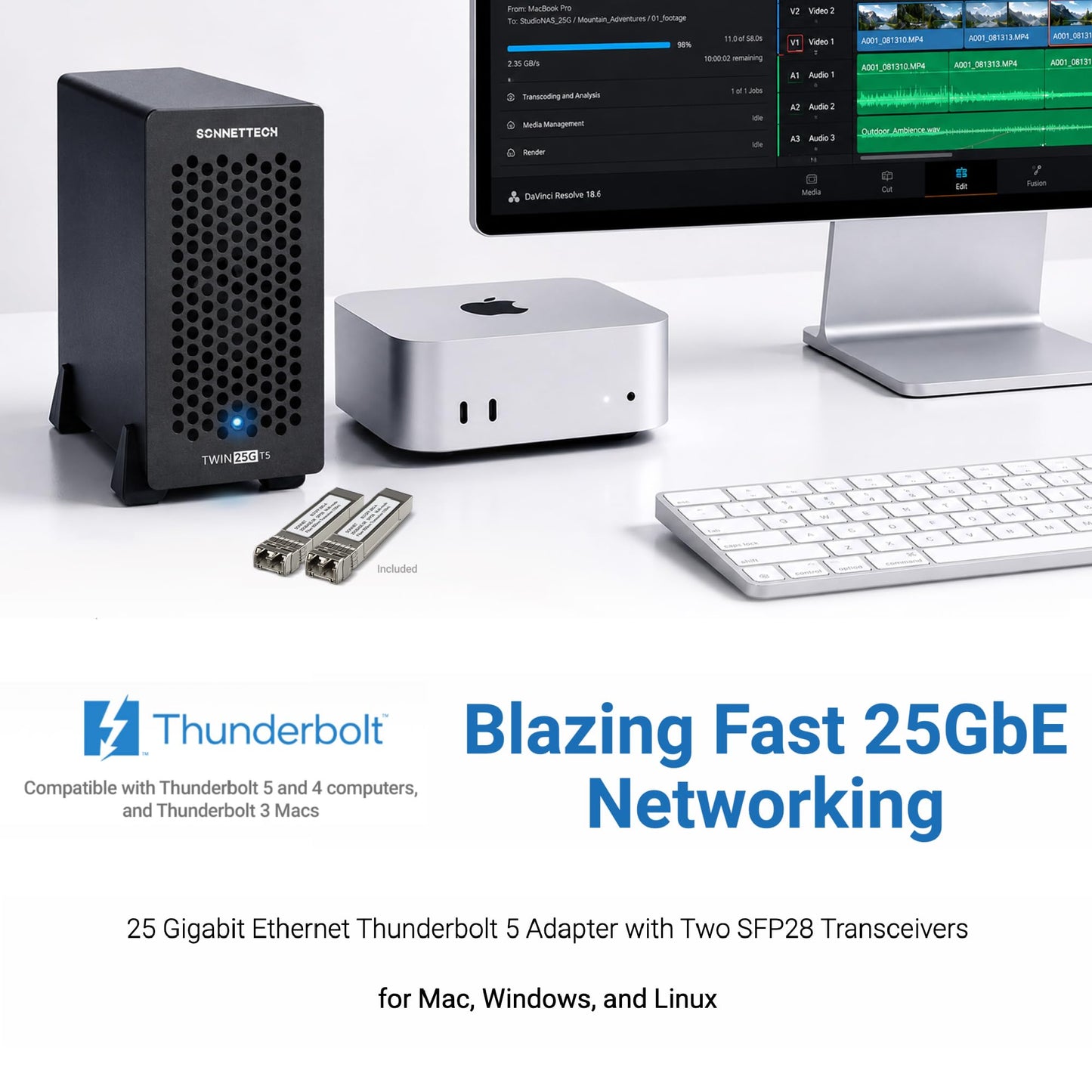 Sonnet Twin25G T5 Thunderbolt 5 to Dual 25Gb Ethernet Adapter - 25GbE Network Adapter 2 SFP28 Transceivers for Mac, Window and Linux