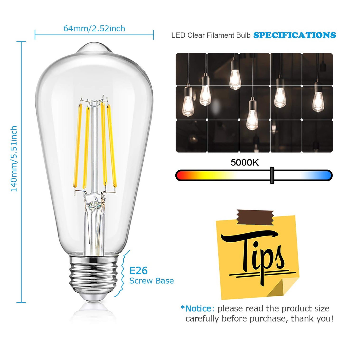 Vintage LED Dimmable Edison Light Bulbs, 8W 1200Lumens LED Filament Bulbs