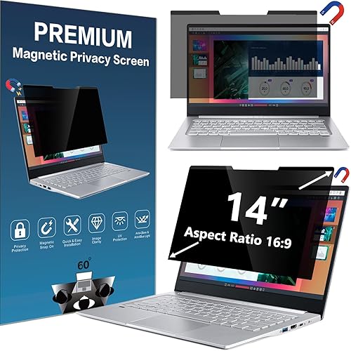 14 inches Magnetic Privacy Screen for Laptop Widescreen 16:9 Monitor | Computer Privacy Shield | Anti Glare & Blue Light Filter | UV & Eye Protection