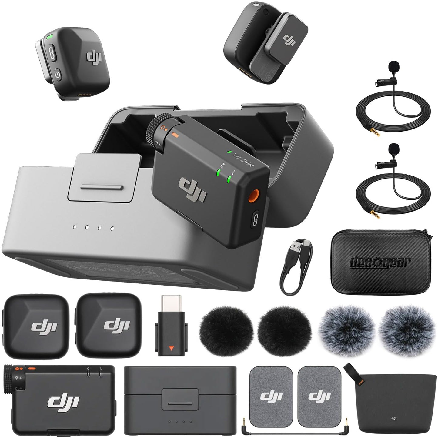 DJI Mic Mini (2 TX + 1 RX + Charging Case) Wireless Lavalier Microphone, Ultralight, Noise Cancelling, Up to 48-Hour Battery Life Bundle with 2 x Deco