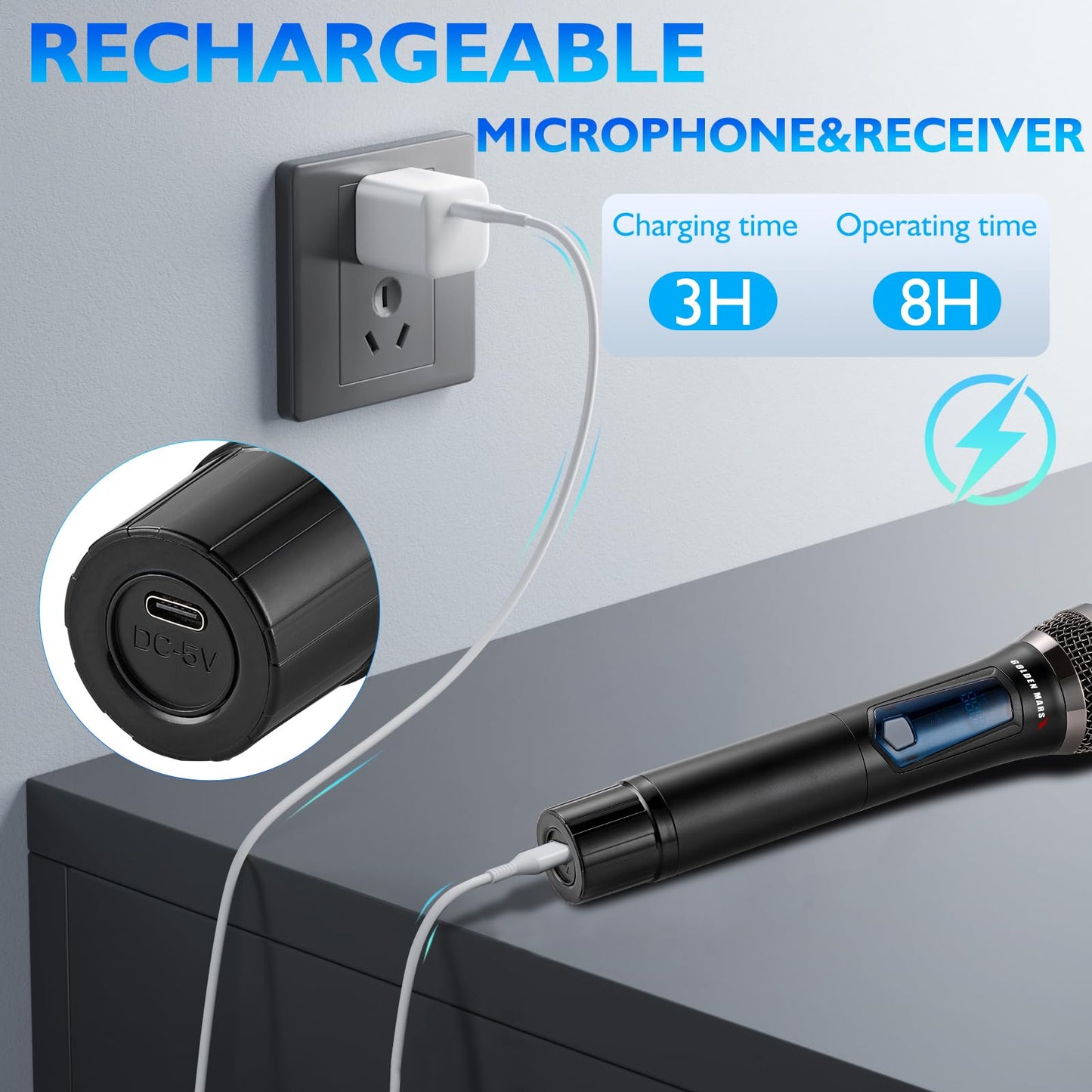 Wireless Microphone, Professional Updated 2.4G Rechargeable 2 Handheld Microphones System with 300 FT Extra Long Distance Stable Receiving for Karaoke