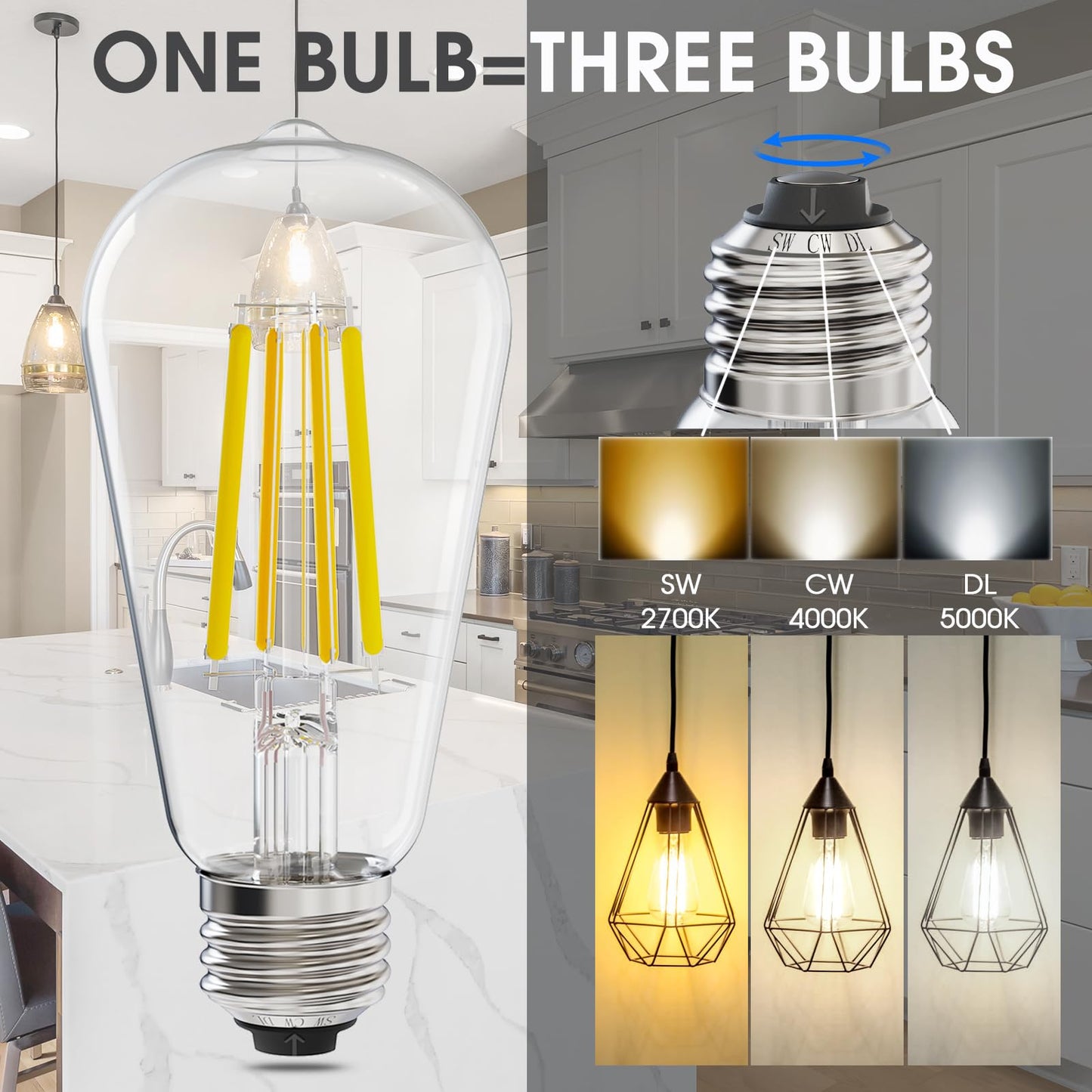 E ENERGETIC LIGHTING ST58/ST18, LED Filament Light Bulbs, 3CCT, 2700K/4000K/5000K,High Brightness, 7W, 60 W Equivalent,Classic Clear Glass, E26, 4