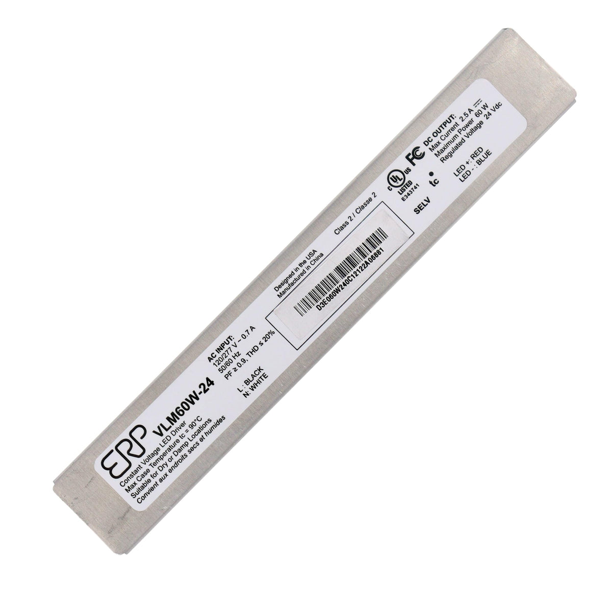 VLM60W-24 CV LED Power Supply 60W 24V 0.05-2.5A, IP20 Aluminum Case, 5.12 x 0.78 x 0.78 in, Very high Power Density of 20 W/in3, 90% eff., 120-277 Vac